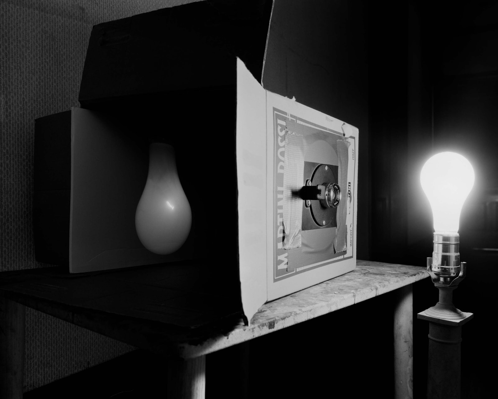 Abelardo Morell Lightbulb demonstrating Camera Obscura in black and white