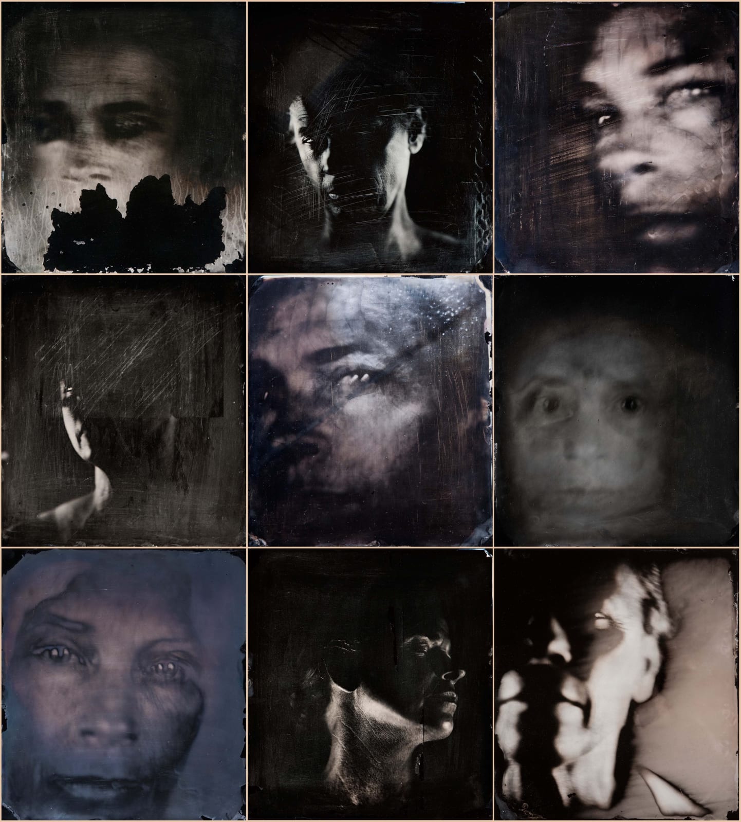 Sally Mann grid of 9 self-portrait ambrotypes from the Upon Reflection series