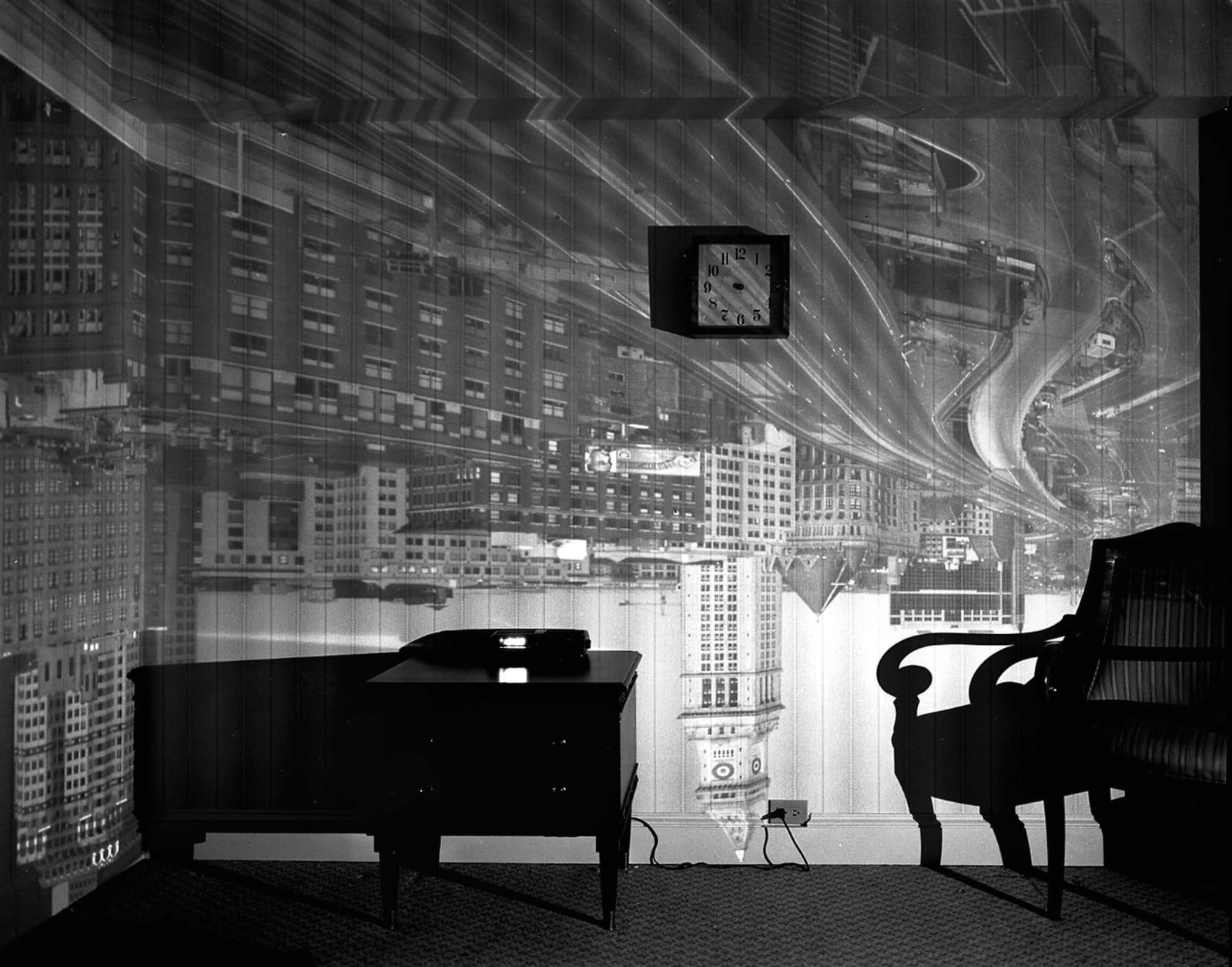 Abelardo Morell Camera Obscura Boston's Old Custom House in Hotel Room in black and white