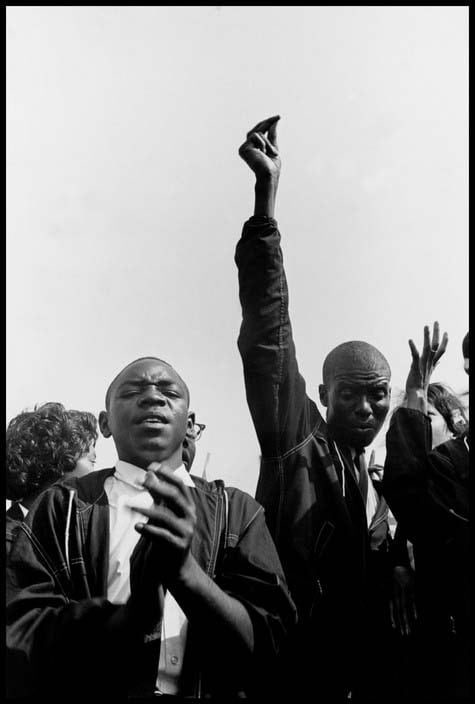 Danny Lyon, Members of the Student Nonviolent Coordinating Committee (SNCC) sing freedom songs during the March on Washington, DC, August...