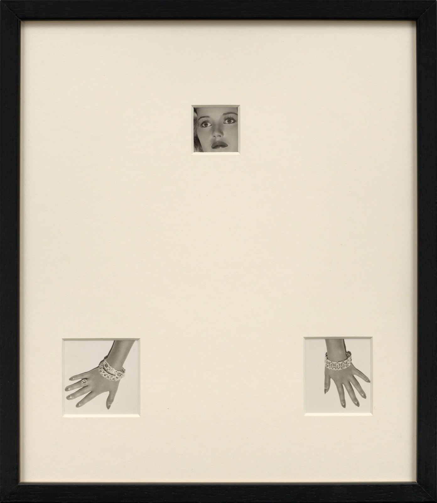 Framed photograph with overmat and cutouts showing photograph of woman's face and two hands by Sissi Farassat