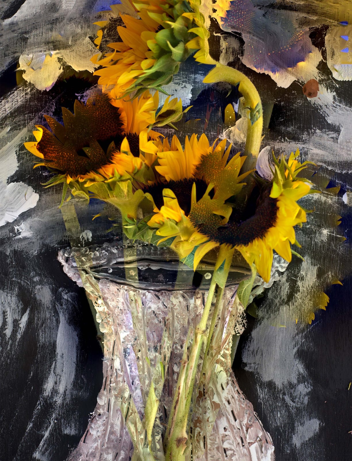 Abelardo Morell Flowers for Lisa #23 Four Sunflowers vase of sunflowers against dark painting multiple exposure photograph combining flowers and painting