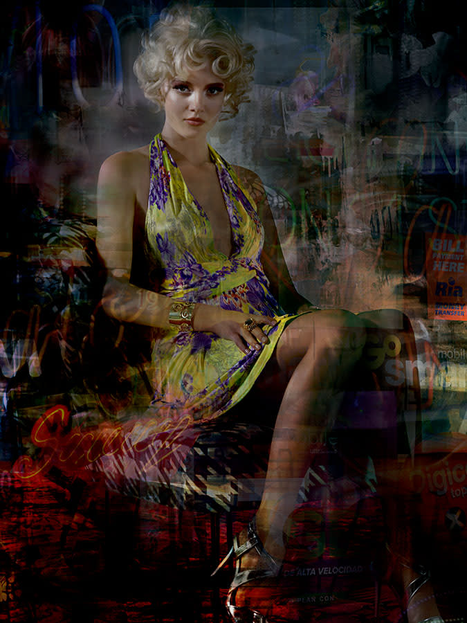 Valérie Belin Portrait of Gaby Modern Royals blonde woman seated in chair with digital background