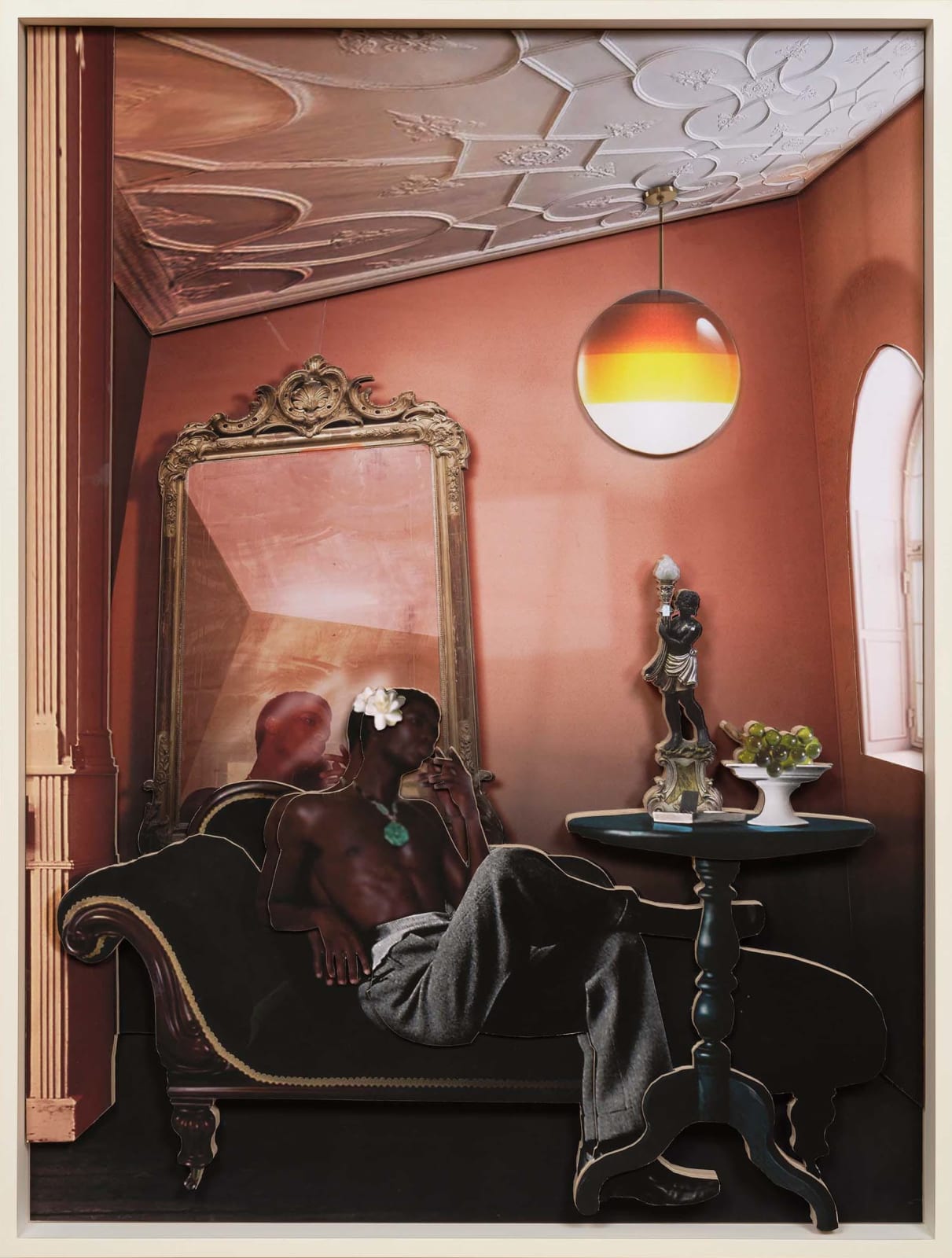 Surreal collage by Ron Norsworthy of a shirtless man lounging on a chaise in a vintage room with ornate mirror, ceiling, side table, and soft lighting.