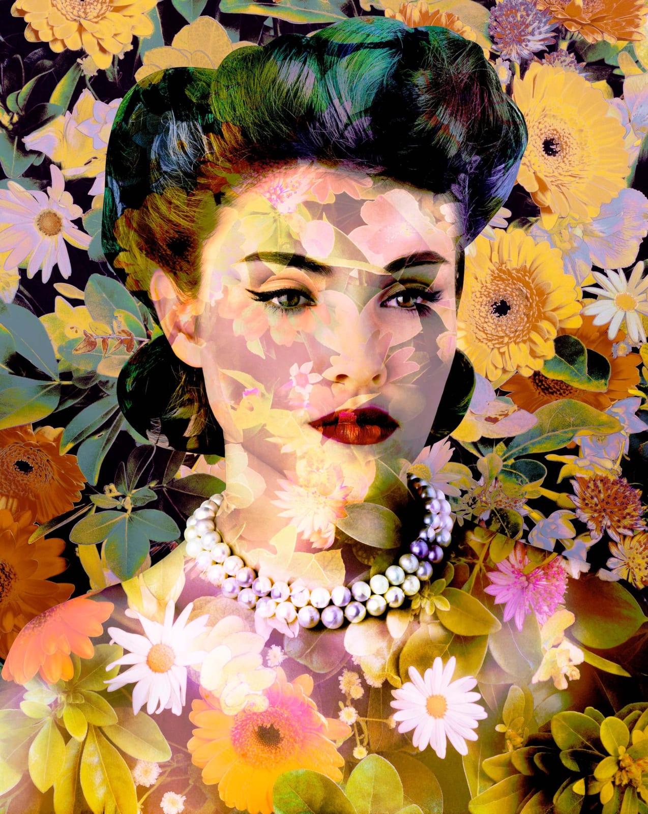 Woman with pearl necklace and namaqua marigold flowers overlaid over portrait, from Black Eyed Susan series, by Valérie Belin