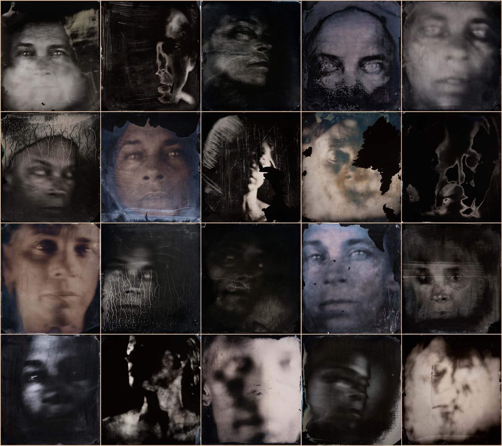 Sally Mann grid of 20 ambrotype self-portraits from the Upon Reflection series