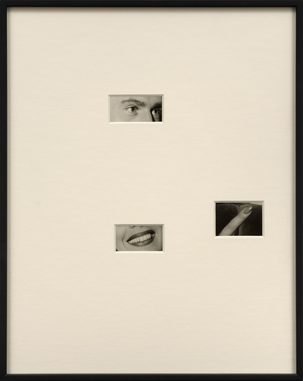 Framed photograph with overmat and three windows revealing man's eyes, woman's mouth, and woman's pointing finger, by Sissi Farassat