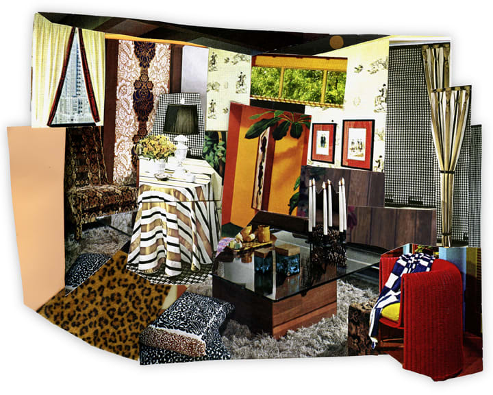 Mickalene Thomas, Interior: Wicker Red Chair, Leopard Rug and Candles, 2014