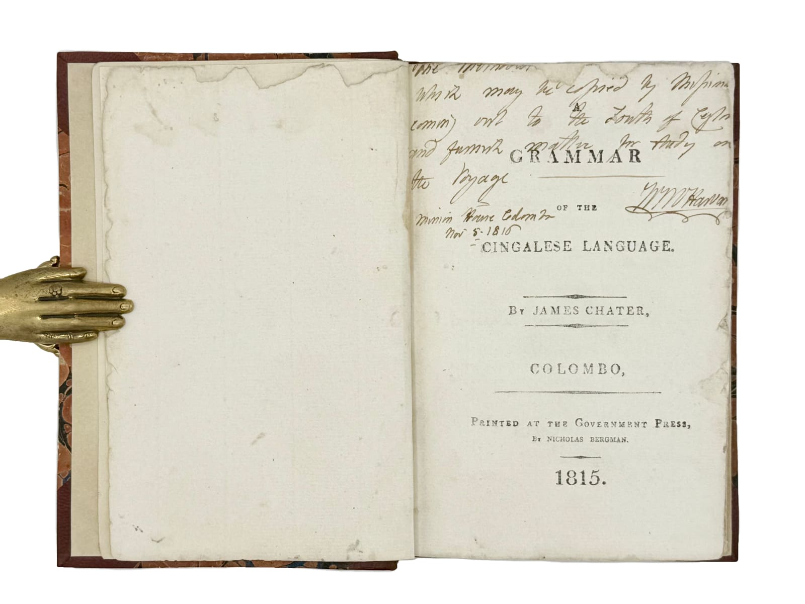 Chater, James, A Grammar of the Cingalese language, 1815. Colombo. Nicholas Bergman at the Government Press.