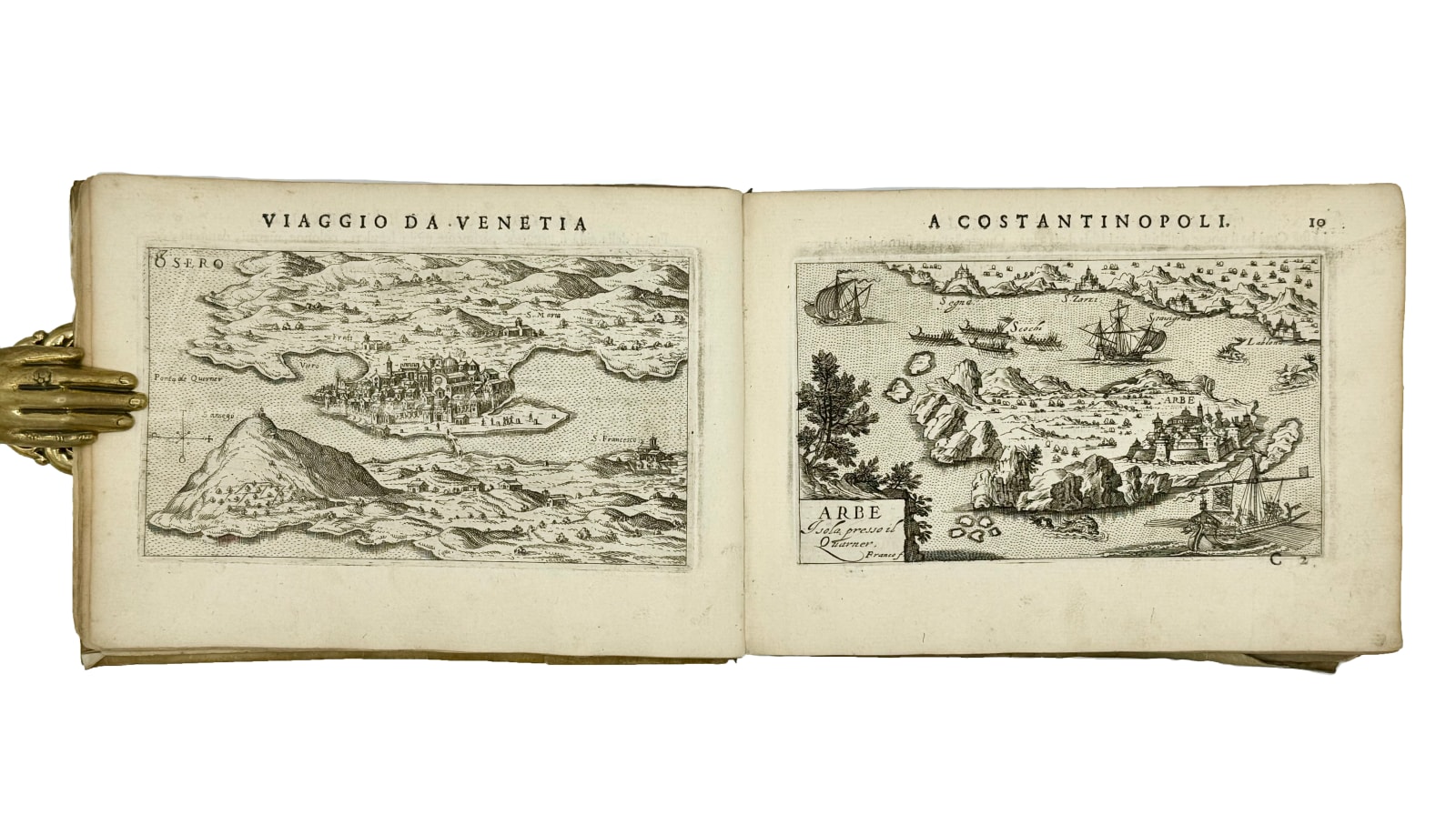 Rosaccio, Gioseppe, Viaggio da Venetia, a Constantinopoli. Per mare, e per Terra, & insieme quello di Terra Santa. Da... con brevitá descritto. Nel quale, oltre a Settantadui disegni, di Geografia, e Corografia si discorre, quanto in esso Viaggio, si ritrova. Cioé Cittá, Castelli, Porti, Golfi, isole, monti, Fiumi, e Mari. Opera utile, á Mercanti, marinari, & a Studiosi di Geografia., 1606. Venice. Giacomo Franco.