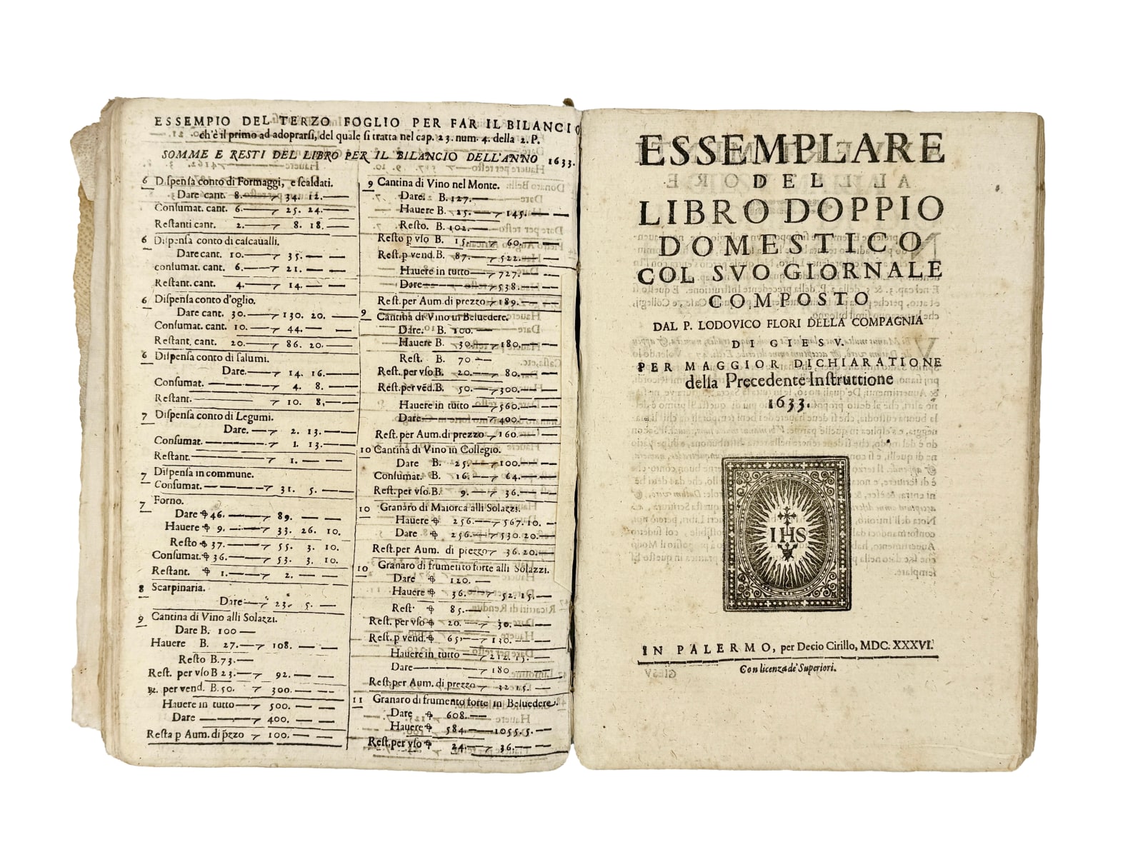 Flori, Ludovico, Trattato del modo di tenere il libro doppio domestico, Palermo: Decio Cirillo, 1636.