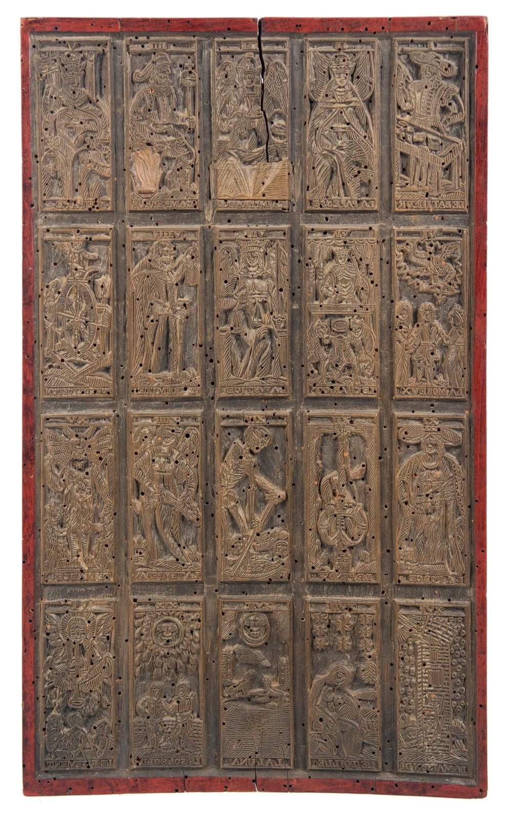 [Woodblocks for Tarot Cards], Four wooden matrices, carved for woodcut printing, corresponding to a complete tarot of 78 cards, 18th century. Probably Northern Italy.