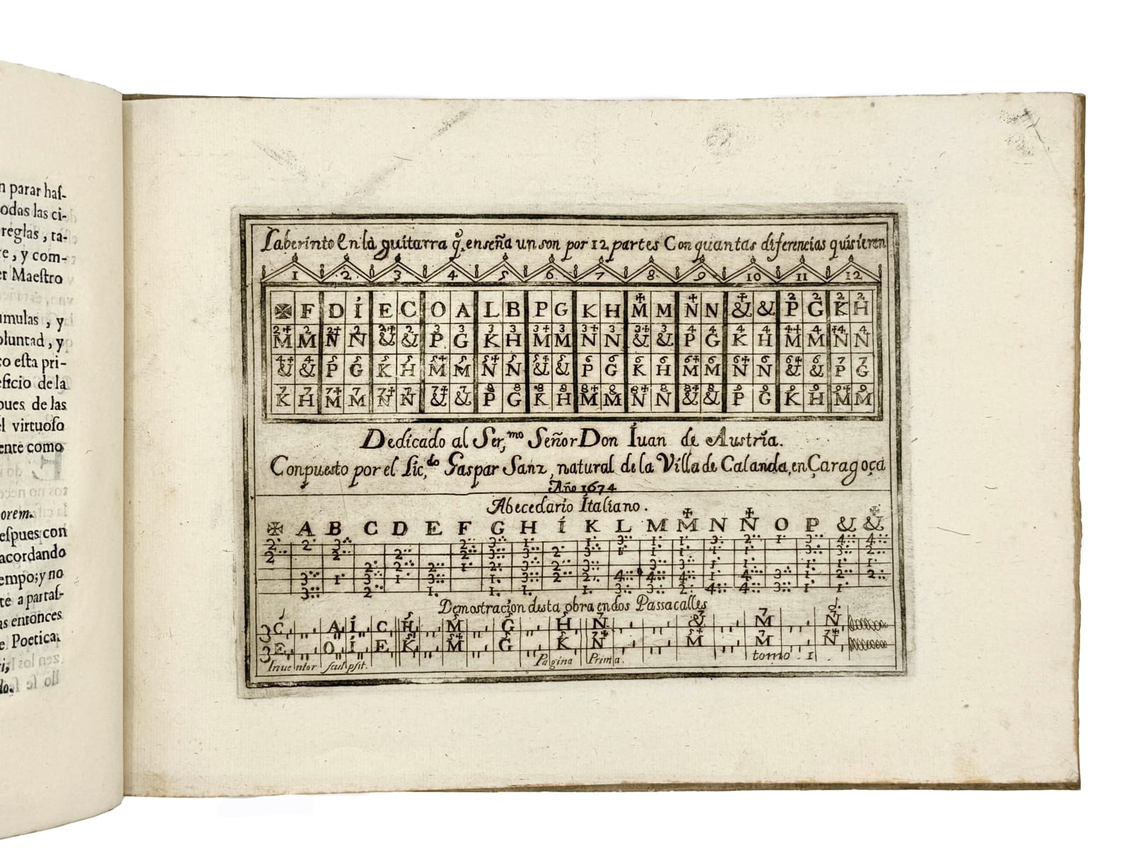 Sanz, Gaspar Francisco, Instruccion de musica sobre la Guitarra Española, y metodo de sus primeros rudimentos hasta tañerla con destreza, 1697. Zaragoza. Herederos de Diego Dormer.