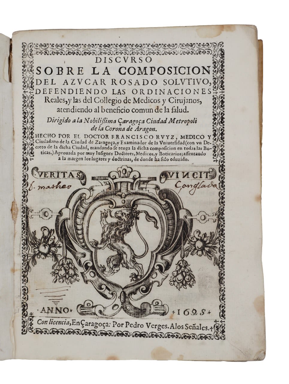 Ruiz Zapata, Francisco, Discurso sobre la composición del azúcar solutivo, 1625. Zaragoza. Pedro Verges.