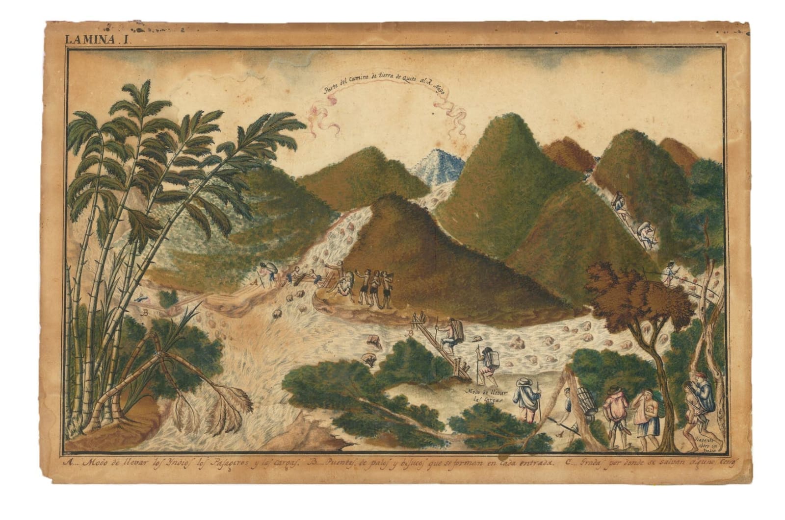 Requena y Herrera, Francisco, A collection of five watercolour drawings from the Luso-Hispanic Border Commission in the Amazon Basin, drawn by its Spanish commanding officer: Parte del camino de tierra de Quito al R. Napo (Lamina I); Vista de la Poblacion y Fortaleza de S. Fran[is]co Xavier de Tabatinga (Lamina V); Vista del Salto grande del Rio Yapurà desde la dist.a de 3 Leguas (Lamina X); Vista del Grande Salto inaccesible del Rio Yapurá (Lamina XI); Los Pongos del Rio Marañon [Lamina XVIII?]., [c.1788]. [Ega (i.e. Tefé, Brazil)].