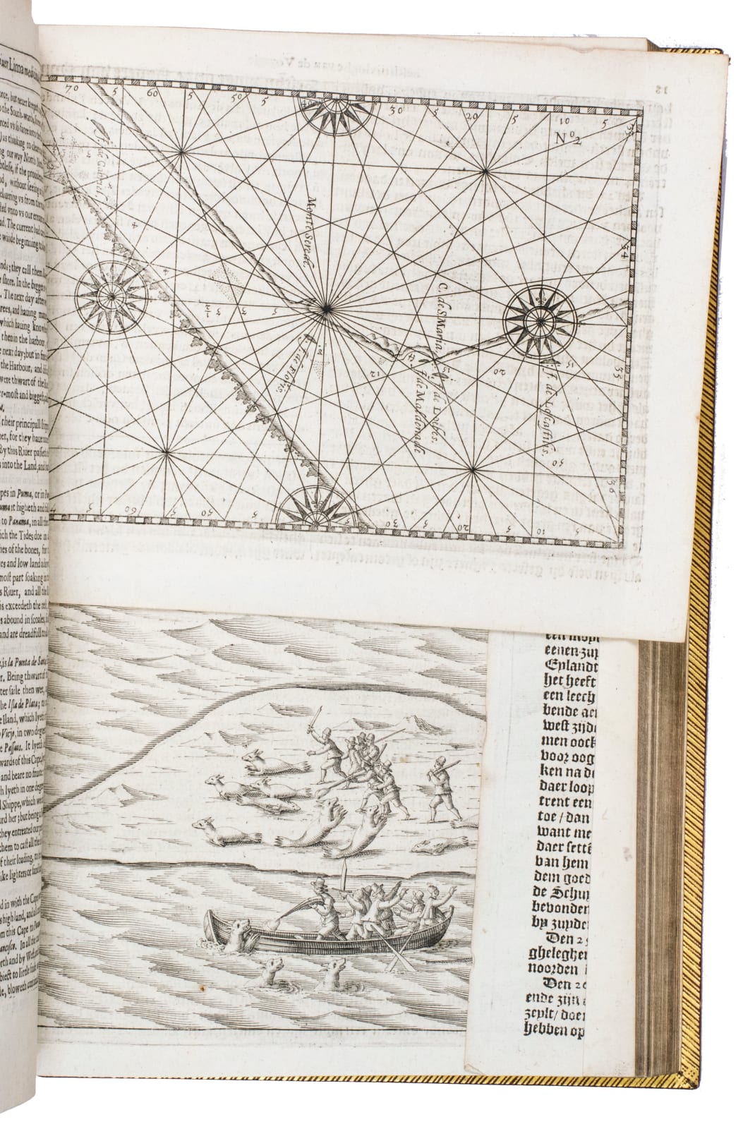 Purchas, Samuel, Purchas his pilgrimes. In five bookes. The first, contayning the voyages and peregrinations made by ancient kings... to and thorow the remoter parts of the knowne world... The second, a description of all the circum-navigations of the globe. The third, navigations and voyages of English-men, alongst the coasts of Africa... Indian shoares, continents and ilands. The fourth, English voyages beyond the East Indies, to the ilands of Japan, China, Cauchinchina, the Philippinae ... The fifth, navigations, voyages... of the English nation in the Easterne parts of the world [bound with, as usual]: Purchas, Samuel. Purchas his pilgrimage. Or relations of the world and the religions observed in all ages and places discovered, from the creation unto this present, 1625-1626. London. William Stansby for Henry Featherstone.