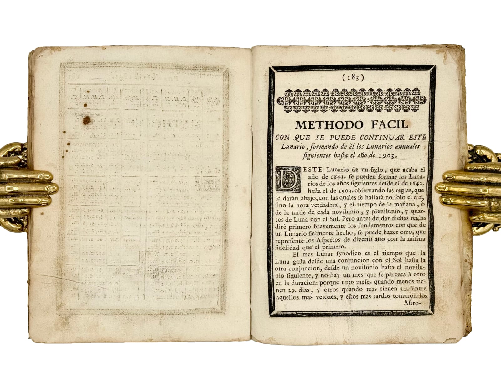 Suarez, Buenaventura, Lunario de un siglo, Que comenzava en su original por Enero del año de 1740, y acaba en Diciembre del año de 1841. En que se compreheden ciento y un año cumplidos. Contiene los aspectos principales de Sol, y Luna, esto es las Conjunciones, Oposiciones, y Quartos de la Luna con el Sol, según sus movimientos verdaderos; y la noticias de los Eclipses de ambos Luminares, que serán visibles por todo el Siglo en estas Missiones de la Compañía de Jesús en la Provincia del Paraguay. Regulada, y aligada la hora de los aspectos y eclipses al Meridiano del Pueblo de los esclarecidos Martyres San Cosme, y San Damian, N.d. [1752]. Barcelona. Pablo Nadal.