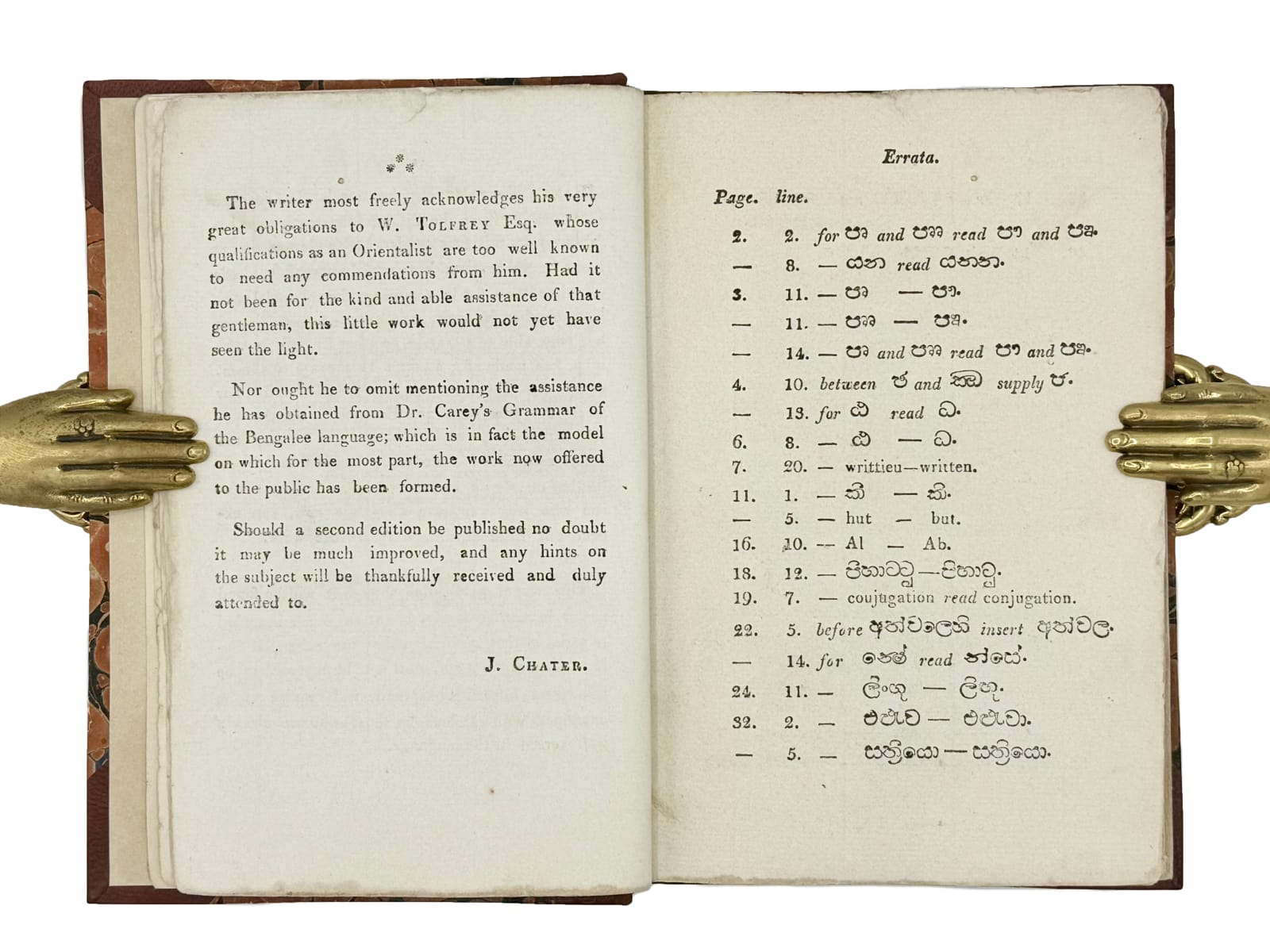 Chater, James, A Grammar of the Cingalese language, 1815. Colombo. Nicholas Bergman at the Government Press.