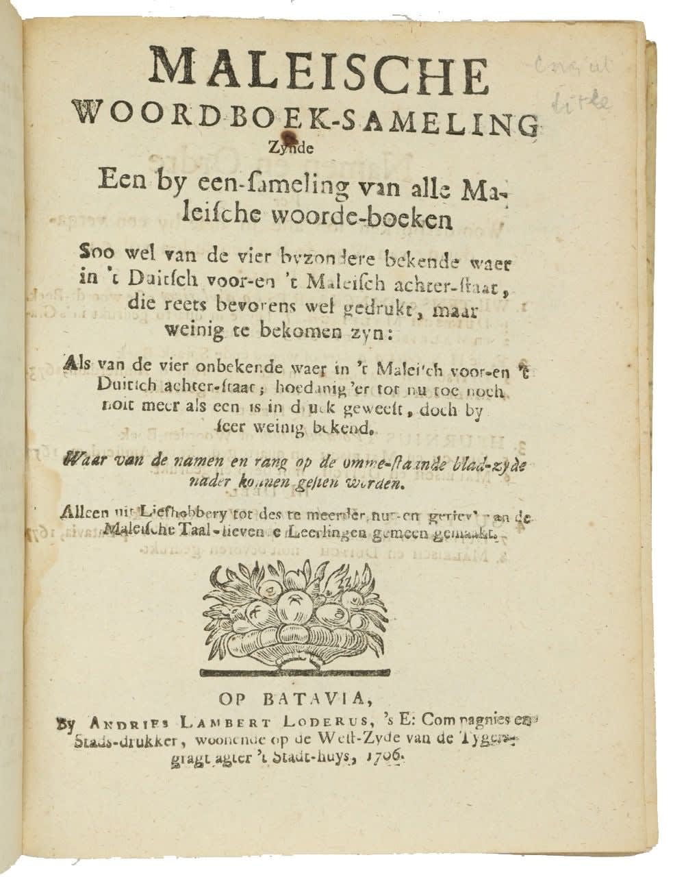 [Malay] Loder, Andries Lambert (ed.), Maleische Woord-Boek-Sameling. Collectanea Malaica Vocabularia, 1706-1708. Batavia. Andries Lambert Loder.