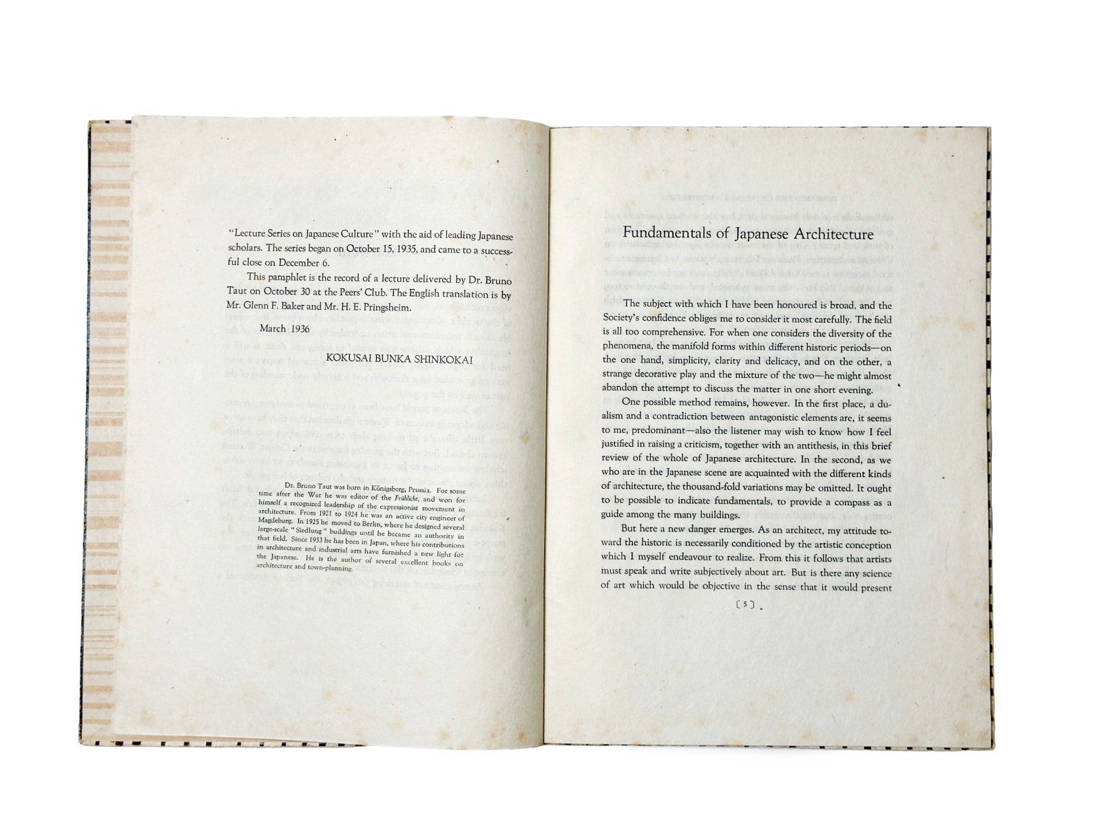 Taut, Bruno, Fundamentals of Japanese Architecture, 1936. Tokyo. Kokusai Bunka Shinkokai (The Society for International Cultural Relations).