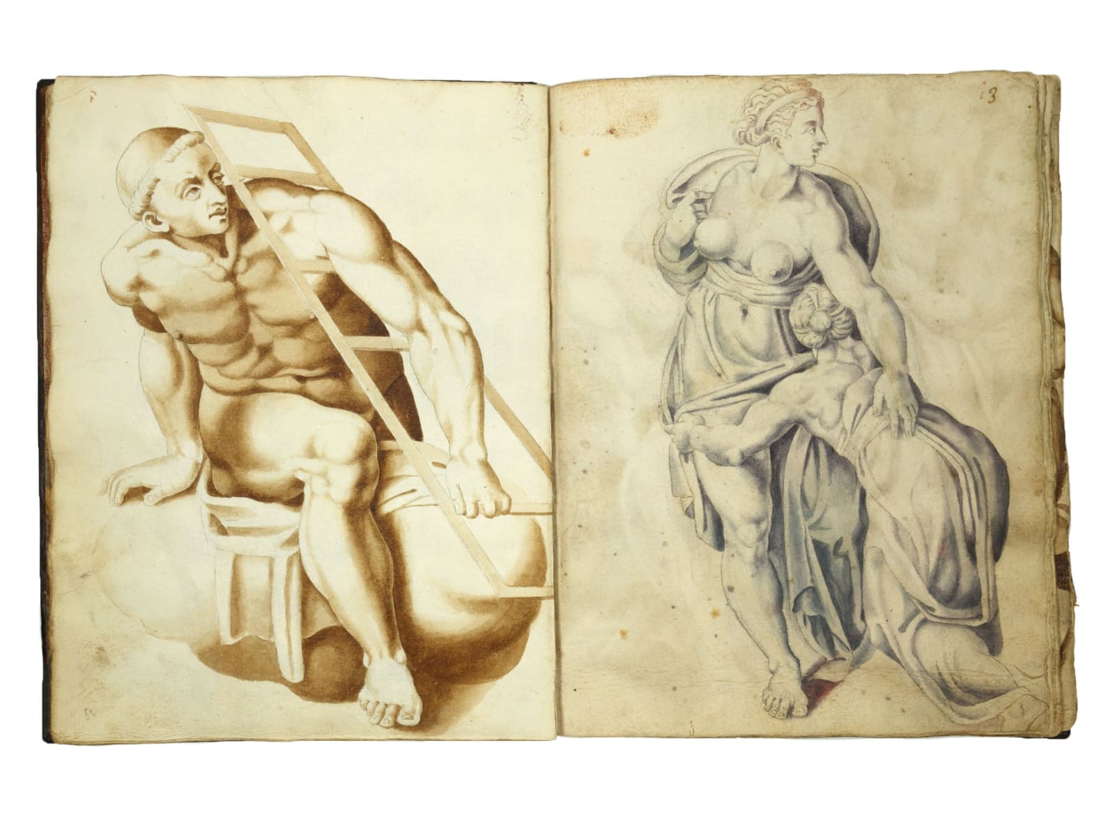 [Michelangelo Buonarroti], Album with 70 ink and wash studies after the "Last Judgment", preserving Michelangelo's original fresco designs, S.a. [ca. 1560]. [Rome].