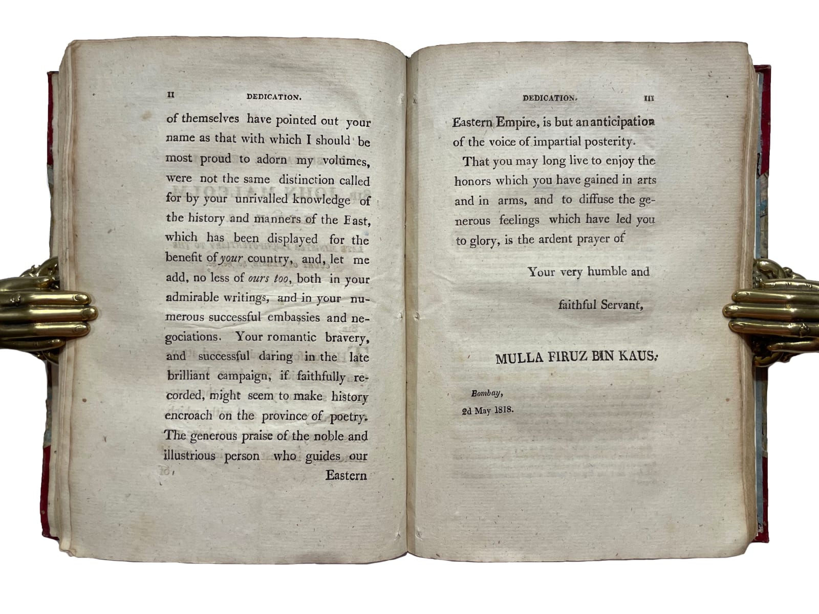[Mulla Firuz bin Kaus], The Desatir or sacred writings of the ancient Persian prophets; in the original tongue; together with the ancient Persian version and commentary of the fifth Sasan; carefully published by Mulla Firuz bin Kaus, who has subjoined a copious glossary of the obsolete and technical Persian terms: to which is added an English translation of the Desatir and commentary, 1818. Bombay. Printed at the Courier Press, by J. F. de Jesus.