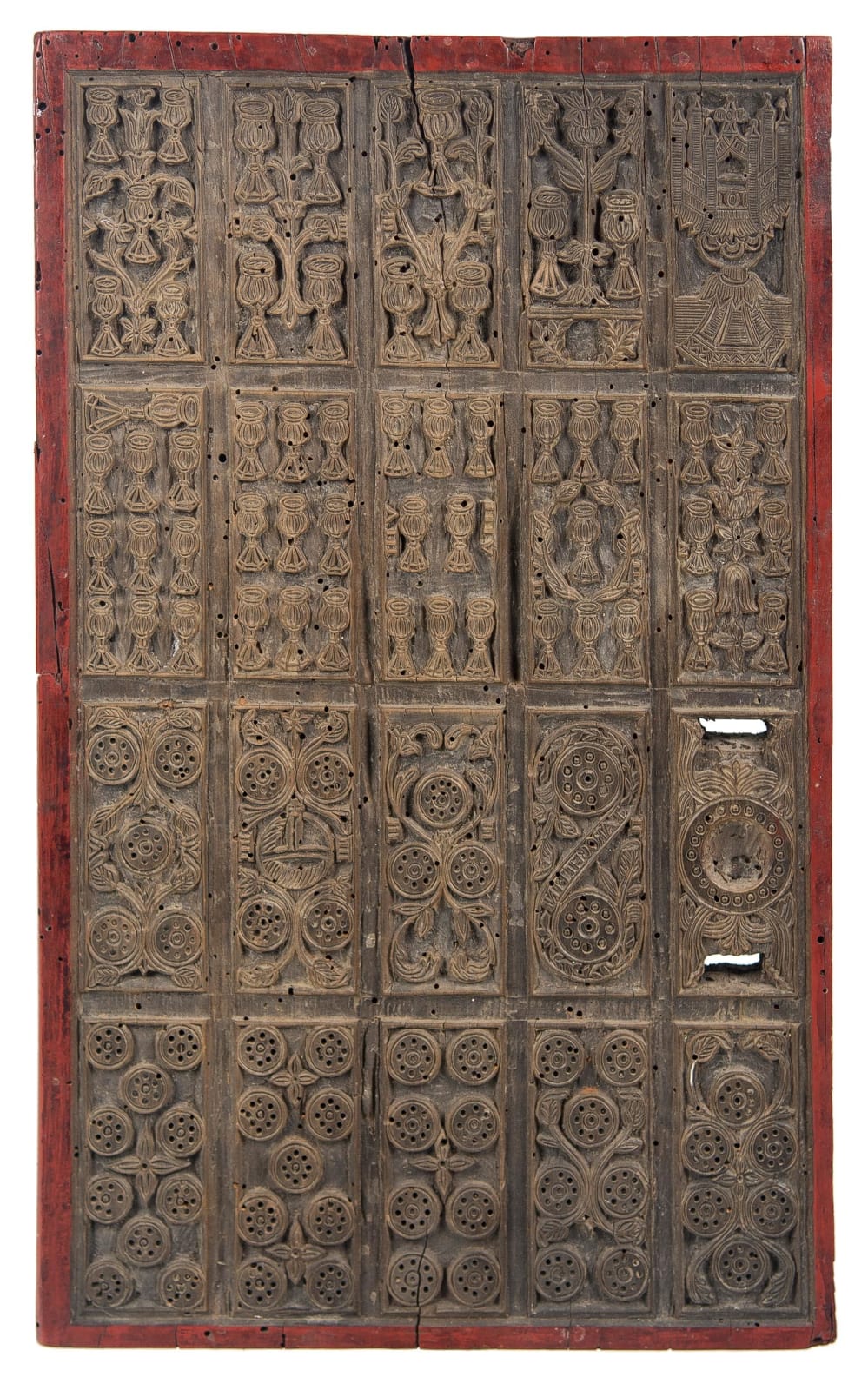 [Woodblocks for Tarot Cards], Four wooden matrices, carved for woodcut printing, corresponding to a complete tarot of 78 cards, 18th century. Probably Northern Italy.