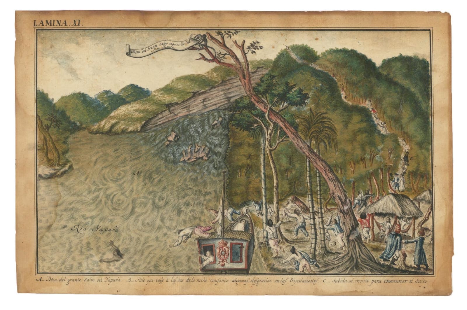 Requena y Herrera, Francisco, A collection of five watercolour drawings from the Luso-Hispanic Border Commission in the Amazon Basin, drawn by its Spanish commanding officer: Parte del camino de tierra de Quito al R. Napo (Lamina I); Vista de la Poblacion y Fortaleza de S. Fran[is]co Xavier de Tabatinga (Lamina V); Vista del Salto grande del Rio Yapurà desde la dist.a de 3 Leguas (Lamina X); Vista del Grande Salto inaccesible del Rio Yapurá (Lamina XI); Los Pongos del Rio Marañon [Lamina XVIII?]., [c.1788]. [Ega (i.e. Tefé, Brazil)].