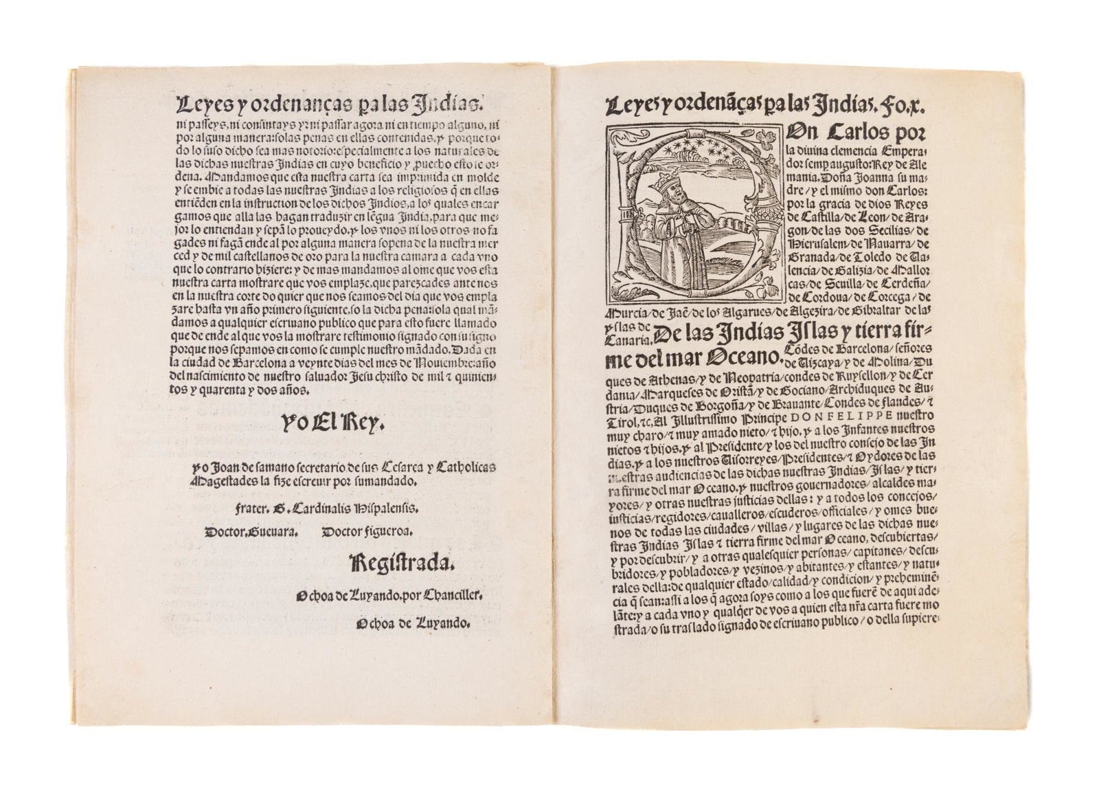 [American Law], Leyes y ordenancas nueuamente hechas por su Magestad pa[ra] la gouernacion de las Indias y buen tratamiento y conseruacion de los Indios: que se han de guardar en el consejo y audiencias reales que en ellas residen: y por todos los otros gouernadores juezes y personas particulare dellas. Con priuilegio imperial., 1543. Alcala de Henares. Joan de Brocar.
