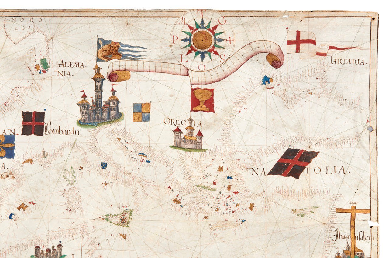 [Portolan Chart], Manuscript chart on vellum depicting the Mediterranean basin, Second half of the 16th century, perhaps before 1574. Possibly Portugal, or Spain.