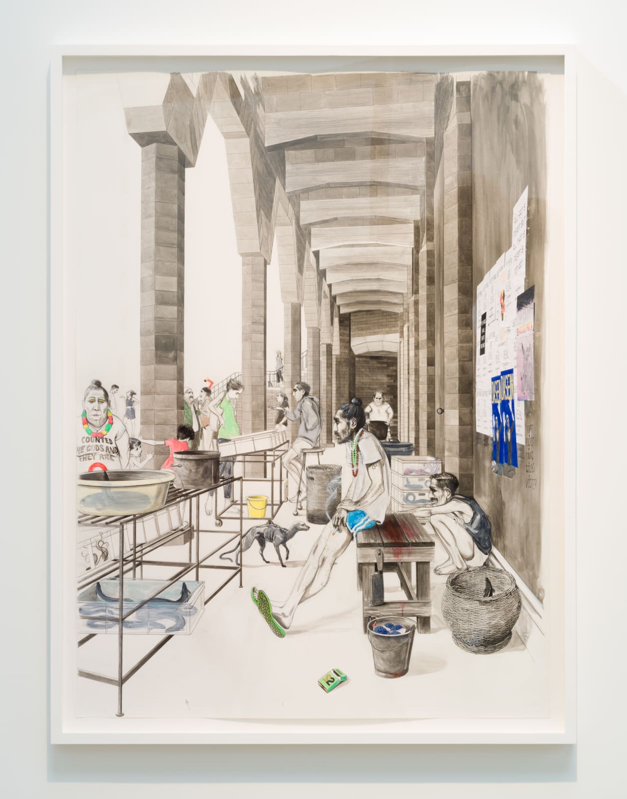 Charles Avery, Untitled (Eel seller with blue shorts, silverbob and yellow bucket), 2019