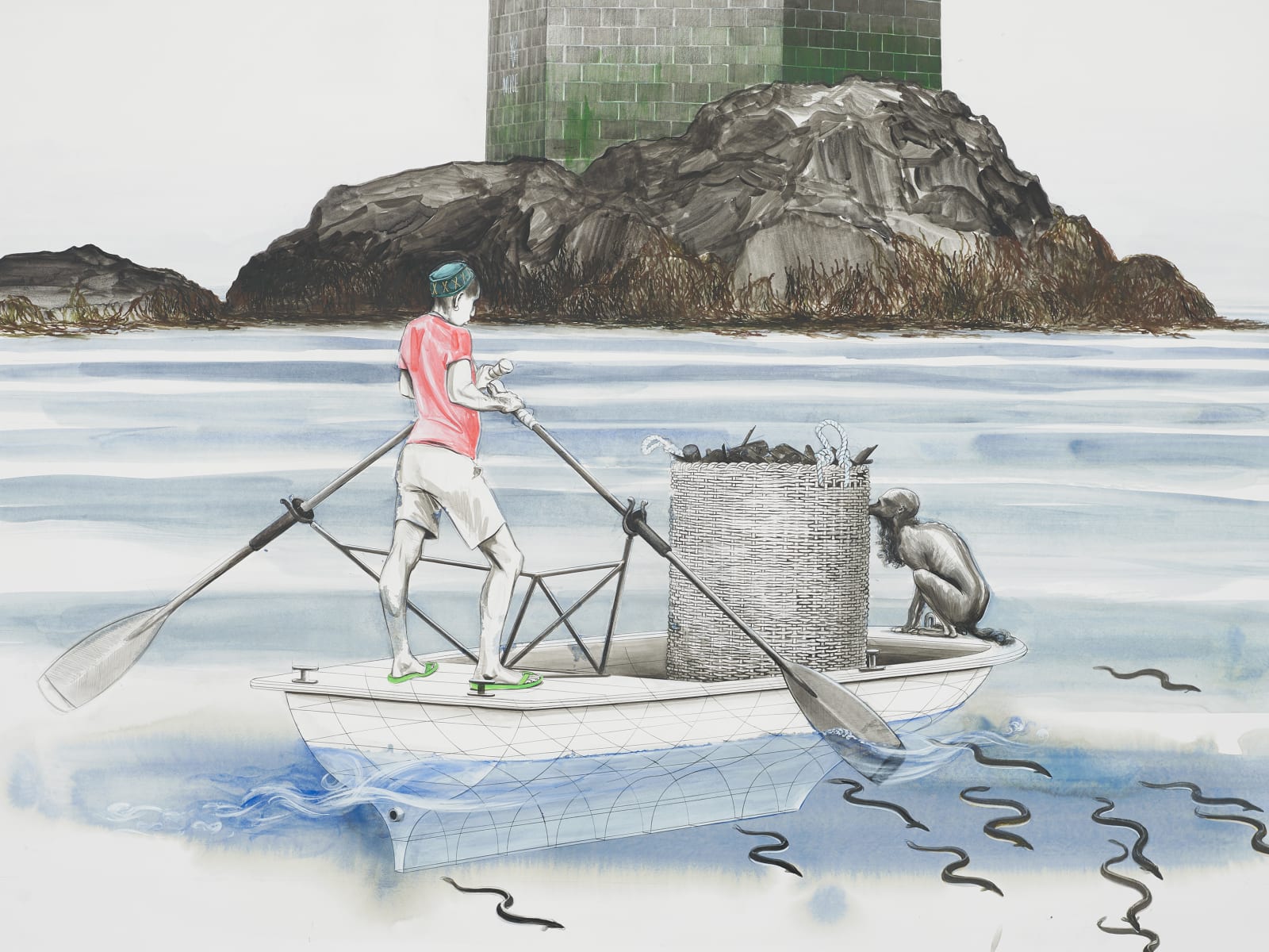 Charles Avery, Untitled (Onomatopoeia Harbour Gate, West Tower, with Oarsman in foreground), 2018