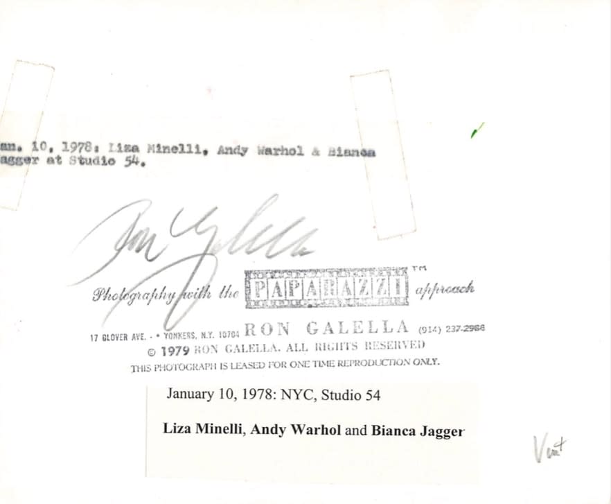 Ron Galella, Liza Minelli, Andy Warhol and Bianca Jagger, Studio 54, New York City, January 10, 1978