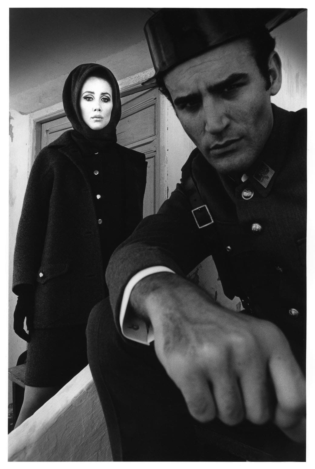 Jeanloup Sieff, Fashion Pertegaz, with Spanish comedian playing a carabiniere, Madrid, Harper´s Bazaar, 1966