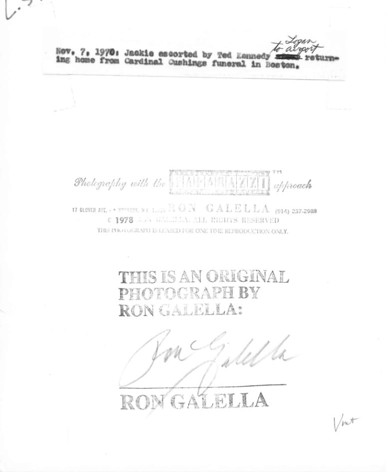 Ron Galella, Jackie escorted by Ted Kennedy, November 7, 1970