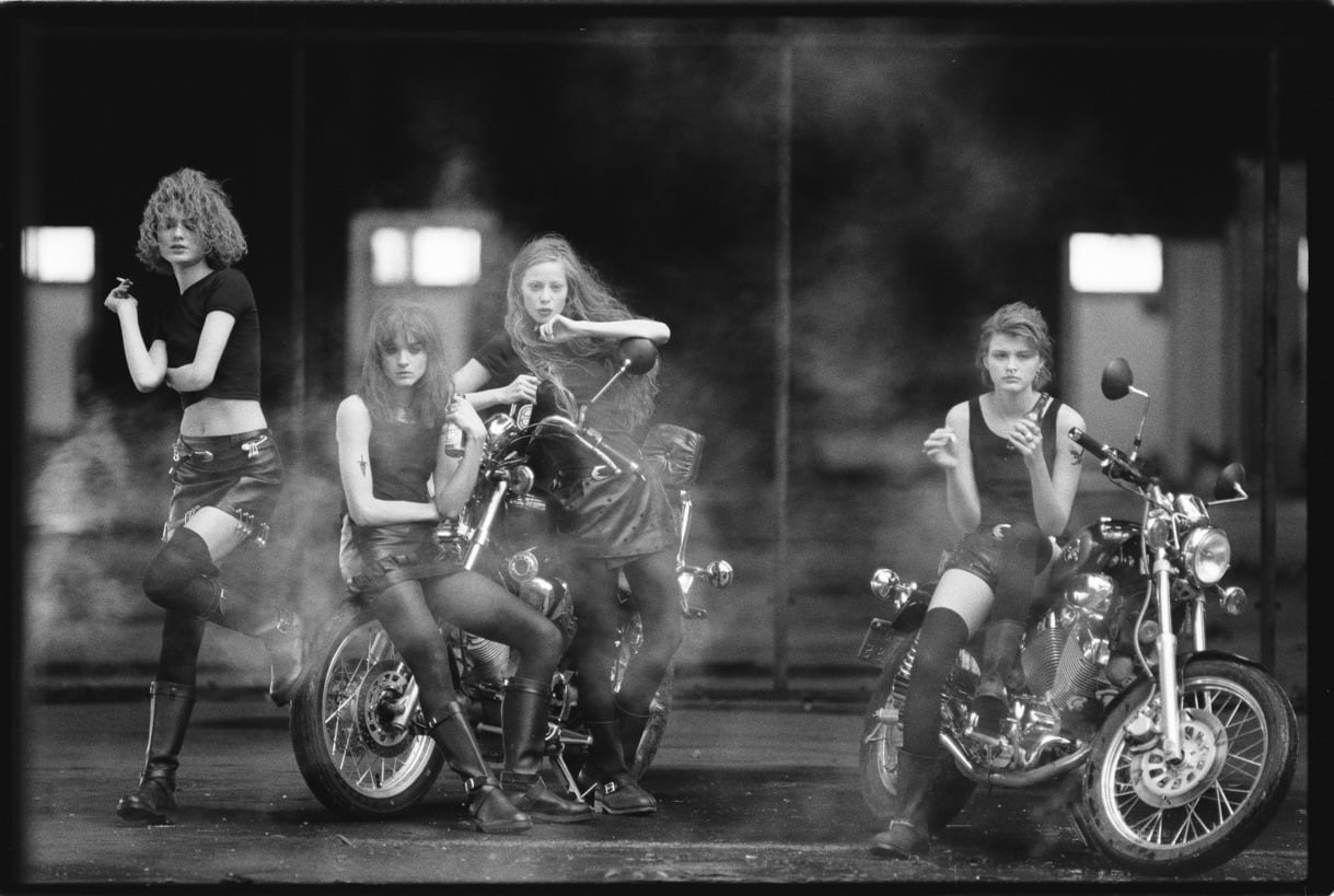 Max Vadukul, Bikers, Shalom Harlow, Michele Hicks, Trish Geoff, for Vogue Paris, Paris Train Station, 1993