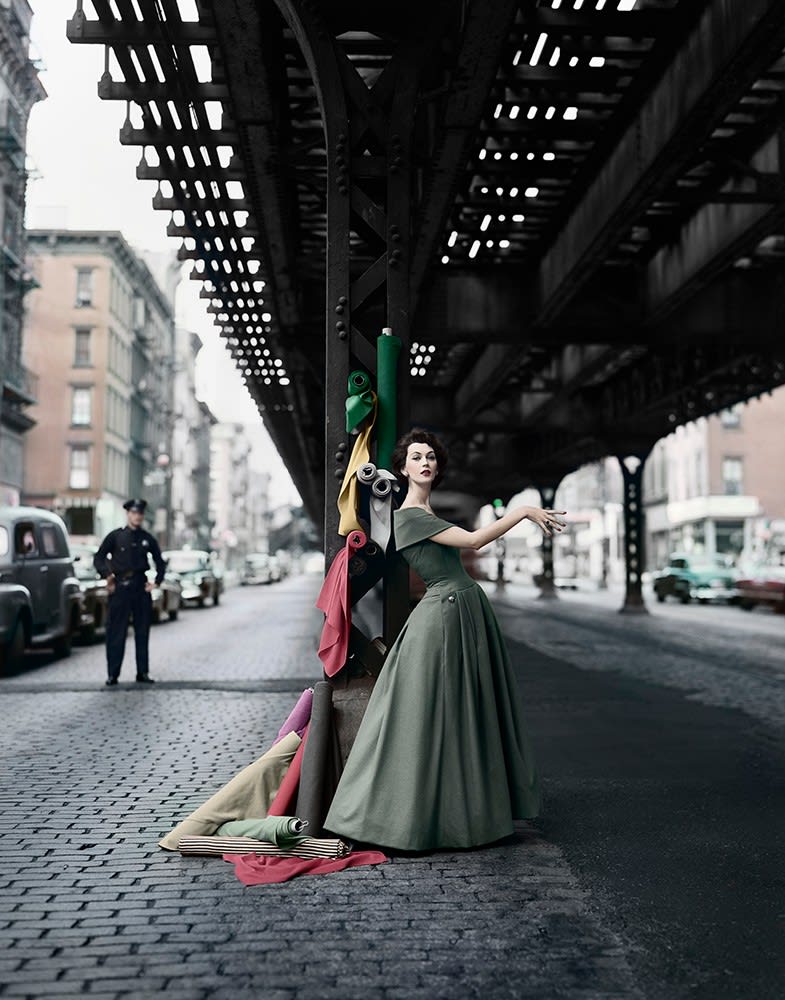 William Helburn, Dovima Under the El, "Dior Creates Cosmopolitan Drama", NYC, 1955