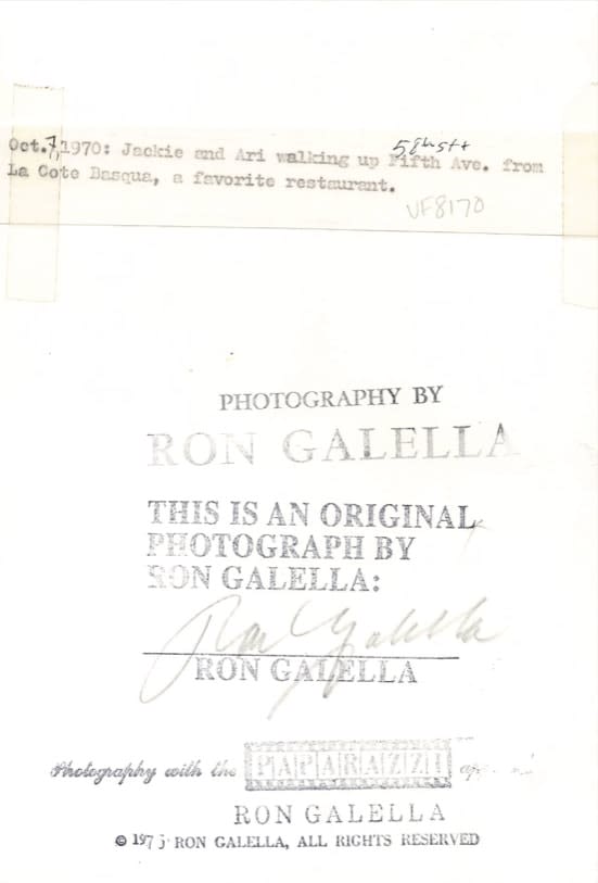 Ron Galella, Jackie and Ari walking up 58th street from La Cote Basque, a favourite restaurant, October 7, 1970
