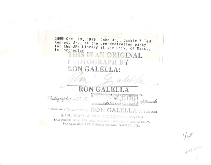 Ron Galella, John Jr., Jackie & Ted Kennedy Jr. at the pre-dedication party for the JFK Library at the University of Massachusetts in Dorchester, October 19, 1979