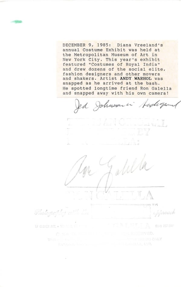 Ron Galella, Andy Warhol at Diana Vreeland´s annual Costume Exhibit, Metropolitan Museum of Art, New York City, December 9, 1985