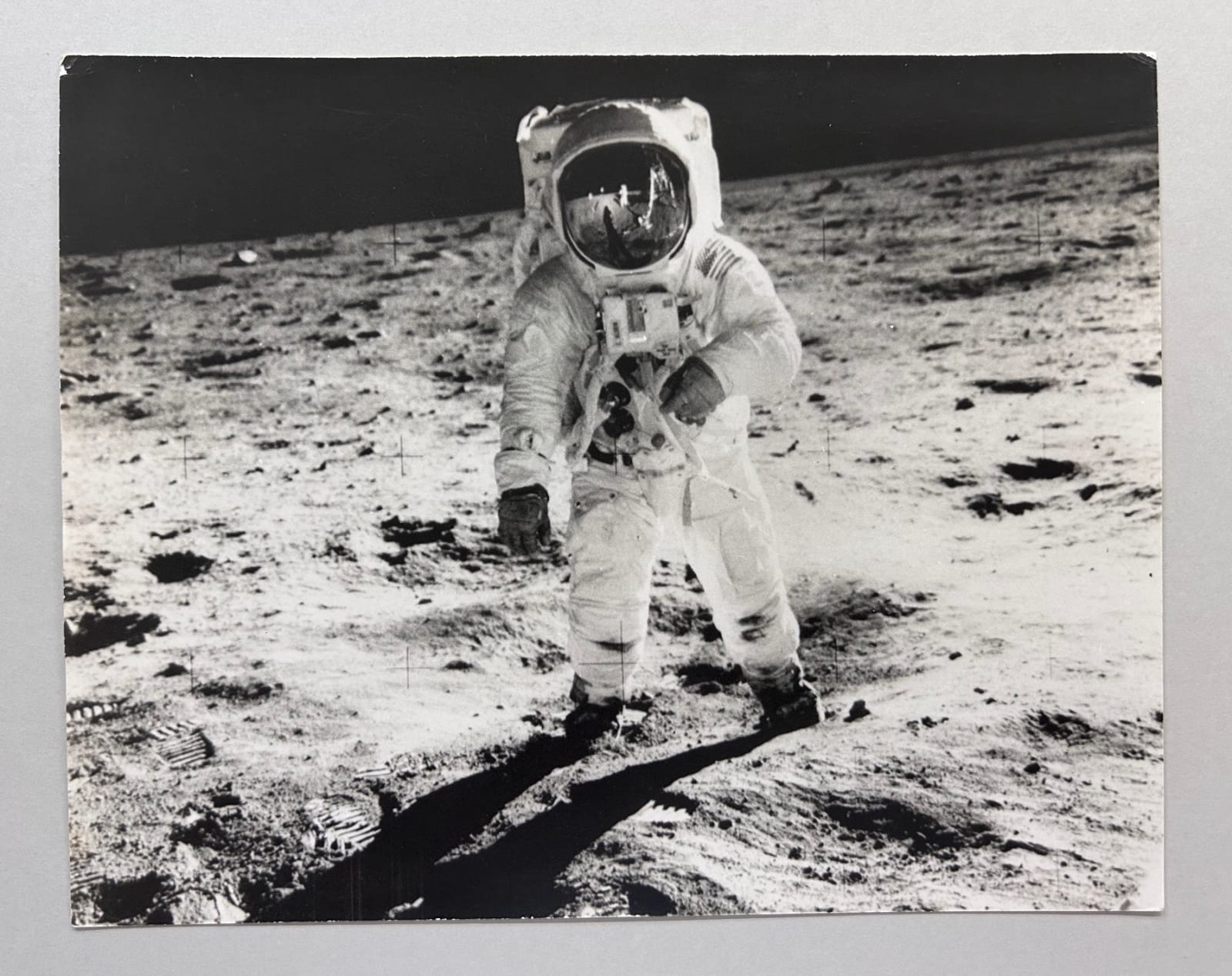 NASA vintage photographs, Buzz Aldrin's sun visor reflects Neil Armstrong and the Lunar Module, Apollo 11, July, 1969