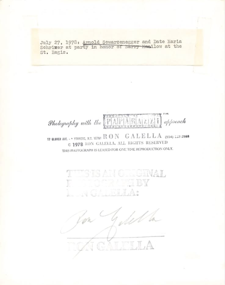 Ron Galella, Arnold Schwarzenegger and date Maria Shriver at party in honor if Barry Manilow, St. Regis, July 27, 1978