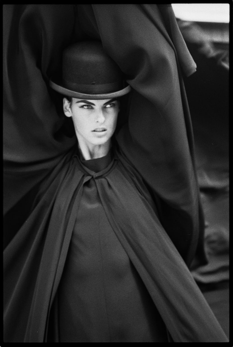 Max Vadukul, Ca Cartoon, Linda Evangelista, YSL Cape, for Vogue Paris, New York City, 1989