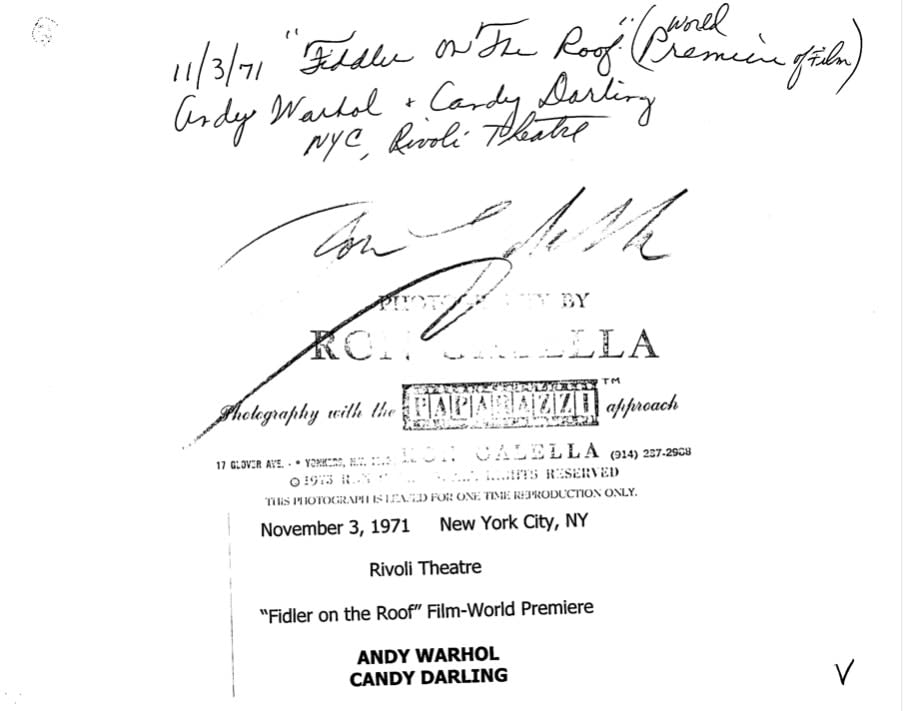 Ron Galella, Andy Warhol and Candy Darling at the film-world premiere of "Fidler on the Roof", Rivoli Theatre, New York City, NY, November 3, 1971