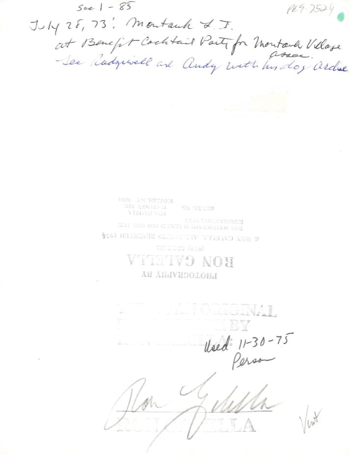 Ron Galella, Andy Warhol (+ his dog Archie) and Lee Radziwill at a benefit cocktail party in Montauk, New York, July 28, 1973