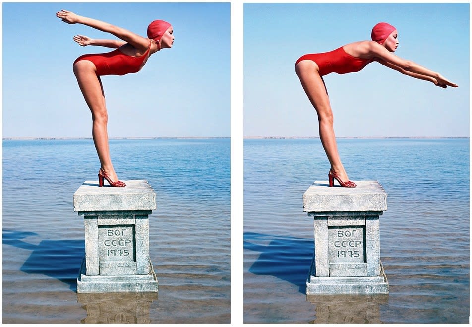 Norman Parkinson, Jerry Hall diving in the USSR, for British Vogue, 1976