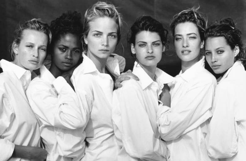 Peter Lindbergh, Estelle Lefébure, Karen Alexander, Rachel Williams, Linda Evangelista, Tatjana Patitz, Christy Turlington, Vogue USA, Santa Monica, California, 1988