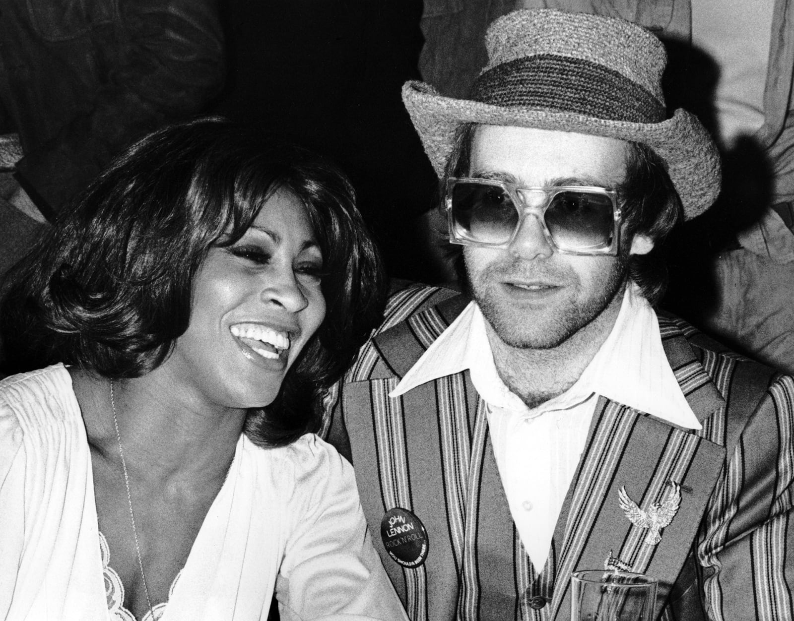 Ron Galella, Elton John and Tina Turner at the press conference for the film "Tommy", Essex House, New York City, 1975