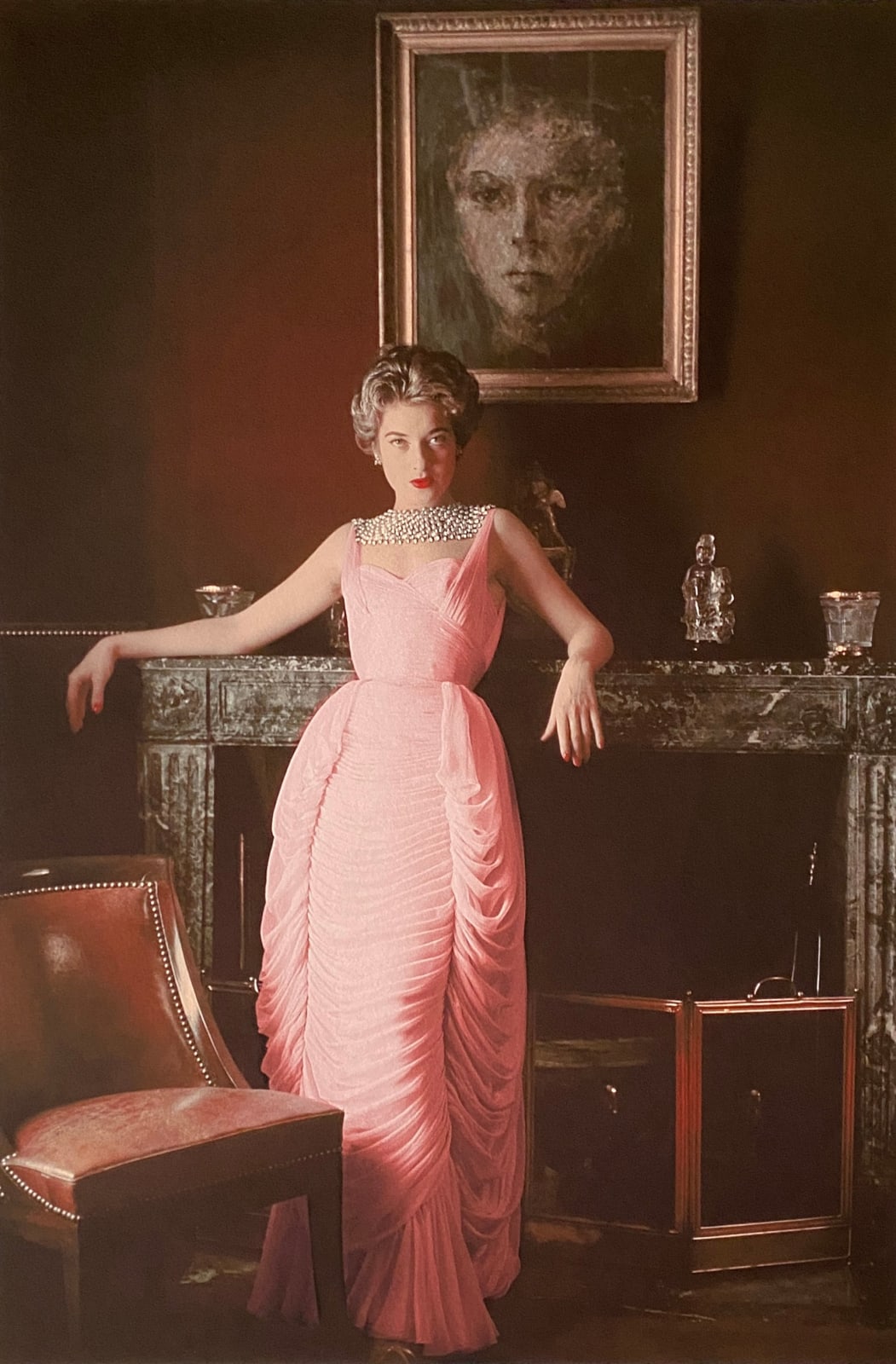 Mark Shaw, Designer's Homes, Viky Reynaud Wearing Desses Pink Gown with Portrait, 1953