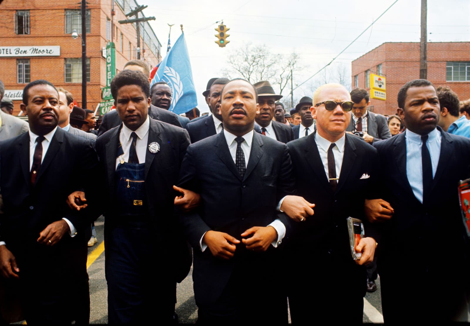 Steve Schapiro, Martin Luther King Marching for Voting Rights with John Lewis, Rev. Jesse Douglas, James Forman, and Ralph Abernathy, Selma March (Color), 1965